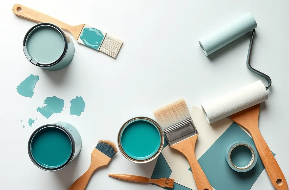 Pots de peinture, nuancier, brosses et rouleaux disposés à plat