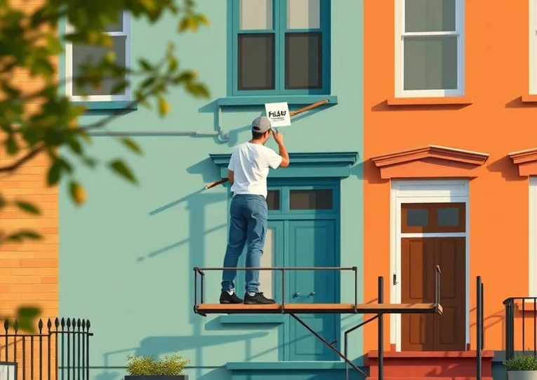Peintre sur échafaudage traitant la façade d'une maison