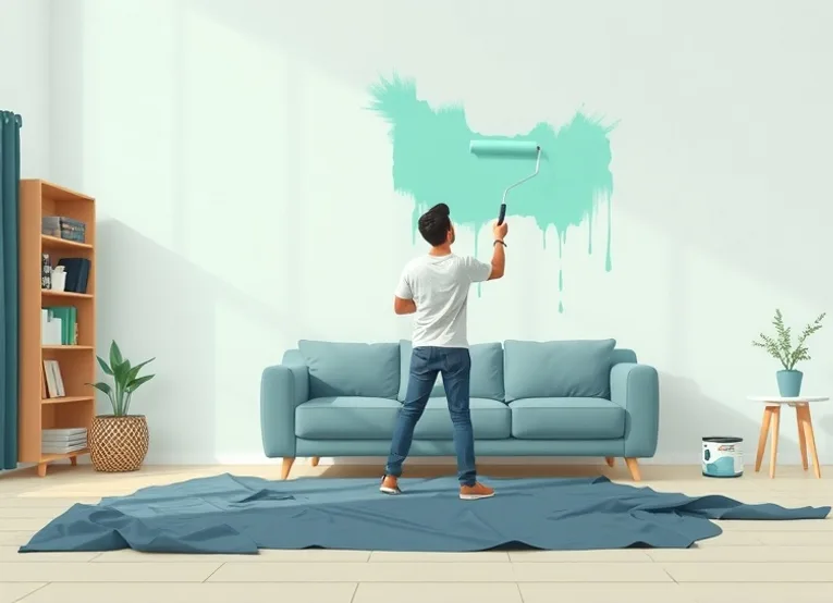 Peintre appliquant la peinture au rouleau sur un mur de salon