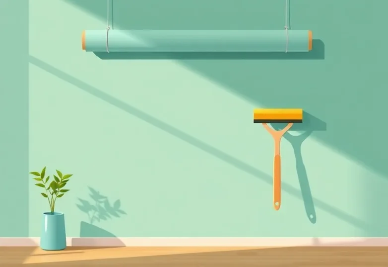 Pose de papier peint, rouleau et brosse à maroufler
